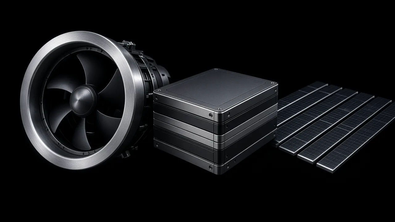Concept visualization of electric ducted fan, modular energy units, and solar integration elements